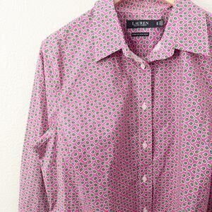 RALPH LAUREN | Plus Size Dress Shirt No-Iron Button Pink Green Print | Size 1X
